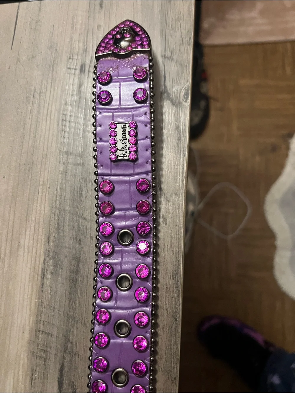 B.B. Simon Purple Leather Belt with Pink Crystal Studs and Skull Accent